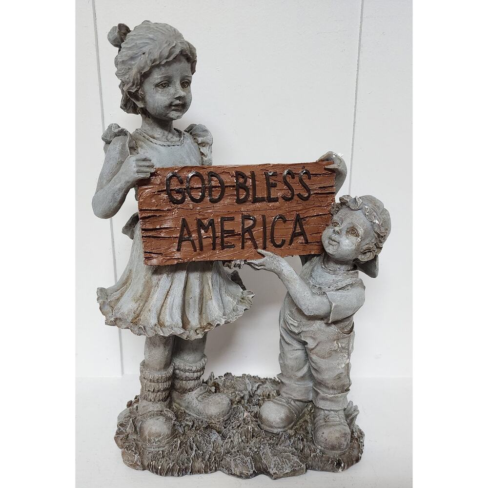Vintage Resin Children Figurine Holding “God Bless America” Sign 11.5" Patriotic
